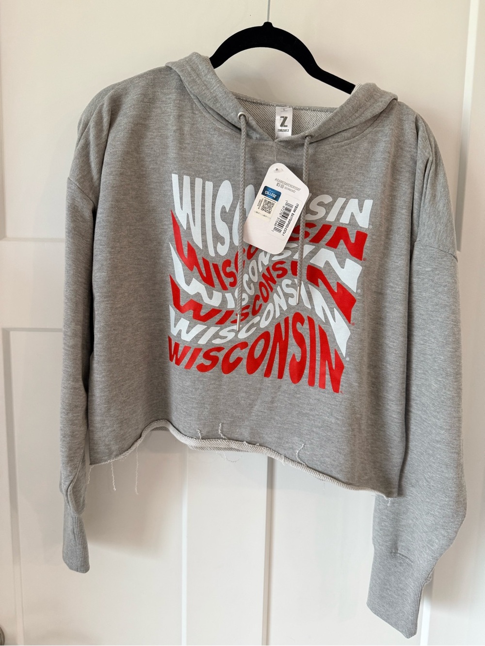 Wisconsin Graphic Cropped Hoodie - Gray & Red Size Small NWT